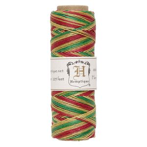 Cord, Hemptique&reg;, polished hemp, variegated green / yellow / red, 0.5mm diameter, 10-pound test. Sold per 205-foot spool.