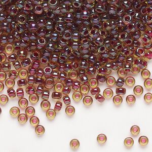 Seed bead, Miyuki, glass, pkg/50g, #8 rocaille, translucent wine-lined luster peridot (RR-336).