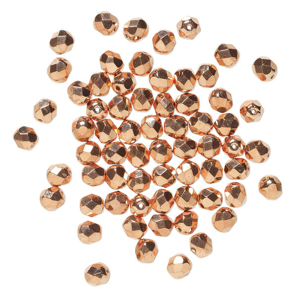 Bead, Czech fire-polished glass 1pkg60, opaque copper-plated clear, 6mm faceted round. image number 1