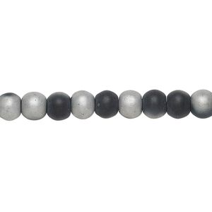 Bead, coated glass, two-tone matte black and silver, 5-6mm round. Sold per 15-inch strand.