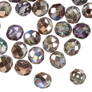 Czech fire-polished glass 1pkg50, faceted round bead half-coated Capri gold / copper clear AB 8mm