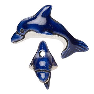 Bead, painted and glazed ceramic, blue / white / black, 37x25mm top-drilled 3D dolphin. Sold per pkg of 2.