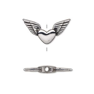 Bead 1pkg1 stainless steel, 23x13mm heart wing / 2sided, black enamel