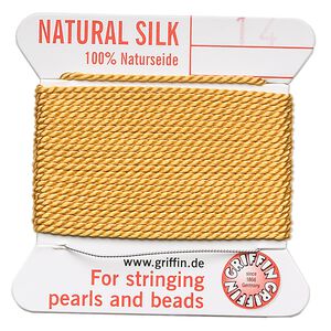 Thread, Griffin, silk, amber yellow, size #14. Sold per 2-meter card (approximately 78 inches).