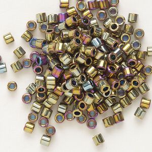 Seed bead, Delica&reg;, glass, pkg/7.5g, #8 round, opaque nickel-plated golden olive iris (DBL-0029).
