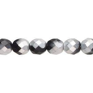 Bead, Czech fire-polished glass, opaque black half-coated matte Labrador, 8mm faceted round. Sold per 15-1/2" to 16" strand.
