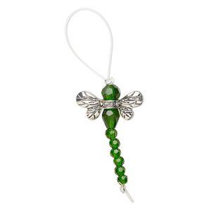 Bead 1pkg2 silver-finished "pewter", 32x22mm dragonfly, glass / clear & green / antique