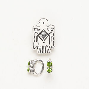 Slider bead 1pkg3, antique silver-finished brass and stainless steel / acrylic, clear and green, 31x18mm thunderbird and 13x5mm rondelle.