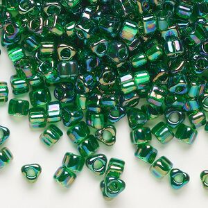 Seed bead, Miyuki, glass, transparent rainbow green (TR1154), #5 triangle. Sold per 250-gram pkg.