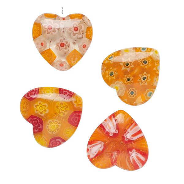 Bead, millefiori glass, translucent orange / red / multicolored, 18-20mm half-drilled puffed heart. Sold per pkg of 4. image number 0