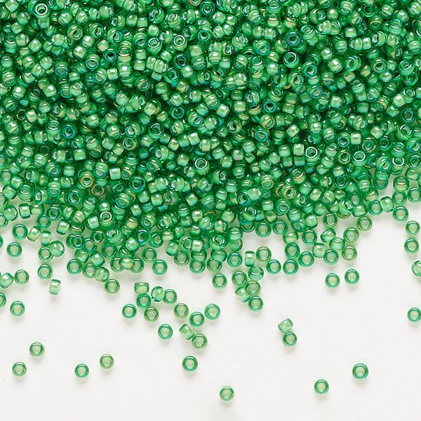 Seed bead, Miyuki, glass, pkg/250g, #15 rocaille, translucent white-lined luster green, (RR-3763). image number 0