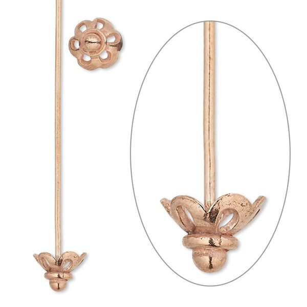 Head pin 1pkg10 copper, 2 inch / 8x6mm flower bead cap, 20 gauge image number 0
