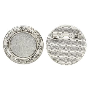 Brooch back, glue-in, antique silver-finished "pewter" (zinc-based alloy), 30mm single-sided round with flower design with 20mm round setting. Sold per pkg of 2.