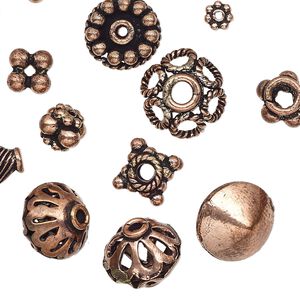 Bead & cap mix 1pkg50g copper, small to large mixed shape, antiqued