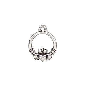 Charm, TierraCast&reg;, antique silver-plated "pewter" (tin-based alloy), 16x14.5mm double-sided Claddagh. Sold per pkg of 2.