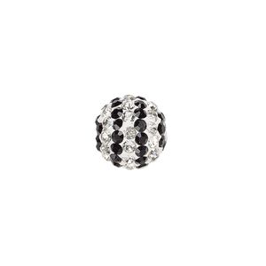 Bead, Egyptian glass rhinestone / epoxy / resin, white / clear / black, 12mm round with pav&eacute; striped design. Sold individually.