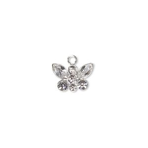 Charm, crystals and sterling silver, crystal clear, 12x8mm butterfly. Sold individually.