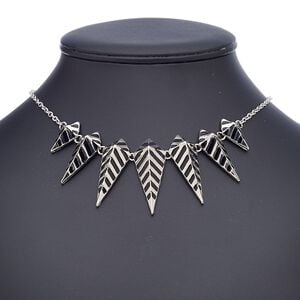 Necklace, enamel with imitation rhodium-finished steel and "pewter" (zinc-based alloy), black, 24x16mm-48x19mm graduated spike with stripes, 18 inches with 2-inch extender chain and lobster claw clasp. Sold individually.