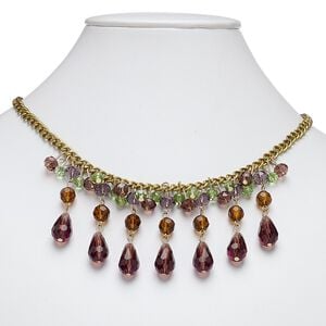 Necklace, glass and gold-finished steel, multicolored, 1-3/4 inch dangle, 17 inches with 2-inch extender chain and lobster claw clasp. Sold individually.