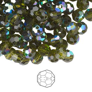 Bead 24pk olivine AB, Preciosa Czech crystal 6mm round