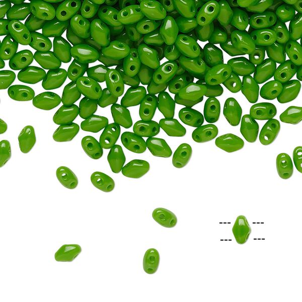 Bead, Preciosa Mini Twin&trade;, Mini Pressed Twin, Czech pressed glass, opaque candy green, 4x2.5mm oval with (2) 0.7mm holes. Sold per 10-gram pkg. image number 0