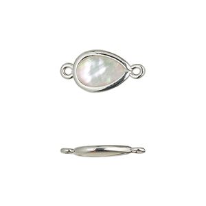 Link, mother-of-pearl shell and imitation rhodium-finished brass (assembled) 1pkg4, 13x8mm-14x9mm double-sided teardrop.