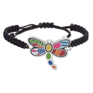 Bracelet, enamel / waxed cotton cord / stainless steel, multicolored, 42x34mm dragonfly, adjustable from 6-1/2 to 8-1/2 inches with macram&eacute; knot closure. Sold individually.