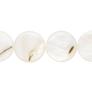 Mother-of-pearl shell 1pkg1, puffed flat round bead 15 inch white 14-15mm