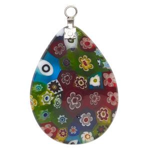 Focal 1pkg1 millefiori glass and silver-finished steel, translucent multicolored, 39x29mm-40x30mm puffed teardrop.