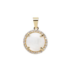 Pendant, glass rhinestone / mother-of-pearl shell / gold-finished brass 1pkg1, clear and white, 15mm single-sided round.