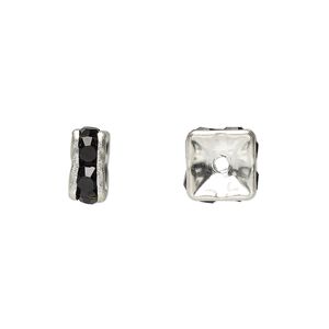 Bead 1pkg10 silver-plated, 8x4mm squaredelle, brass / black rhinestone