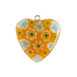 Component 1pkg1, silver-finished steel / millefiori glass, translucent orange / multicolored, 24-25mm puffed heart.