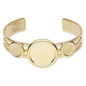 Bracelet, Almost Instant Jewelry&reg;, cuff, gold-plated brass and "pewter" (zinc-based alloy), 25mm wide with (2) 10mm and (1) 20mm round settings, adjustable. Sold individually.