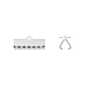 Ribbon crimp end 1pkg10 silver-plated, 16x5mm hammered rectangle, brass