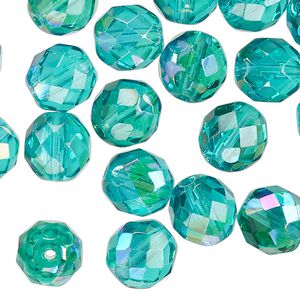 Czech fire-polished glass 1pkg1, faceted round bead half-coated translucent light aqua AB 1/2 mass 10mm