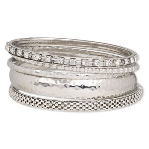Bracelet, bangle, glass rhinestone and imitation rhodium-finished steel, clear, 3-12mm wide, 8 inches. Sold per 5-piece set.