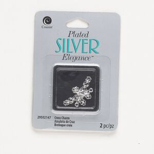 Drop, silver-plated copper, 23x16.5mm single-sided fancy cross with cutout heart design. Sold per pkg of 2.