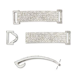 Clasp hook 1pkg2 silver-finished "pewter" (zinc alloy), 49x13mm curved rectangle / fits 10x3.5mm cord, clear rhinestone 1-strand