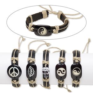 Bracelet mix, leather (natural / dyed) / resin / waxed cotton cord, black / tan / white, 25mm wide with mixed design, adjustable from 5-1/2 to 8 inches with knot closure. Sold per pkg of 5.