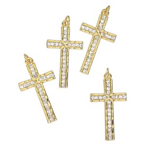 Focal, gold-finished steel and glass, clear, 37x20mm cross. Sold per pkg of 4.