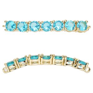 Focal, cubic zirconia and gold-plated brass, aqua, 40x5mm curved rectangle. Sold individually.