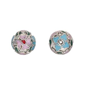 Bead 1pkg10 silver-plated, 12mm cloisonn&eacute; round / flower, copper / enamel