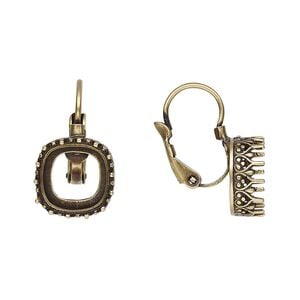 Ear wire leverback 1pkg2 JBB findings antique brass-plated, 20mm / 10mm cushion open back bezel setting, brass 1 pair
