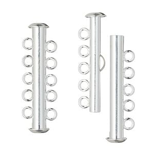 Clasp slide lock 1pkg4 silver-plated, 31x6mm tube, brass 5-strand