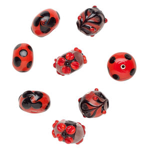 Bead assortment, lampworked glass 1pkg8, opaque red / clear / opaque black, 16x11mm-19x16mm rondelle.