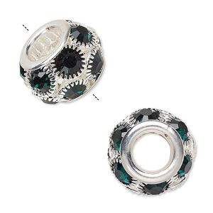 Bead 1pkg1 silver-plated "pewter", 18x12mm rondelle / 6mm faceted round, Egyptian glass rhinestone / emerald green