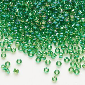 Seed bead, Miyuki, glass, pkg/250g, #8 rocaille, translucent rainbow green (RR-179L).