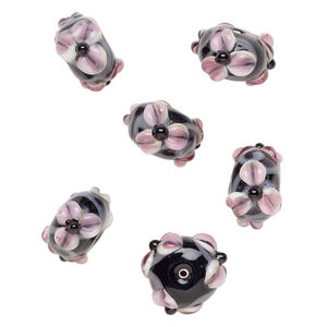 Bead, lampworked glass 1pkg6, opaque black / pink / white, 18x11mm rondelle with flowers and vine.