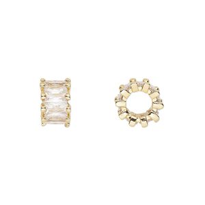 Bead 1pkg2 gold-plated, 10.5x6mm rondelle, brass / clear cubic zirconia