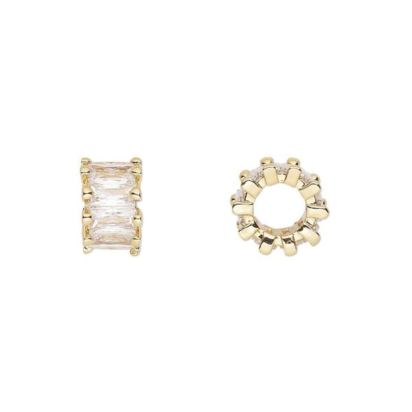 Bead 1pkg2 gold-plated, 10.5x6mm rondelle, brass / clear cubic zirconia image number 0